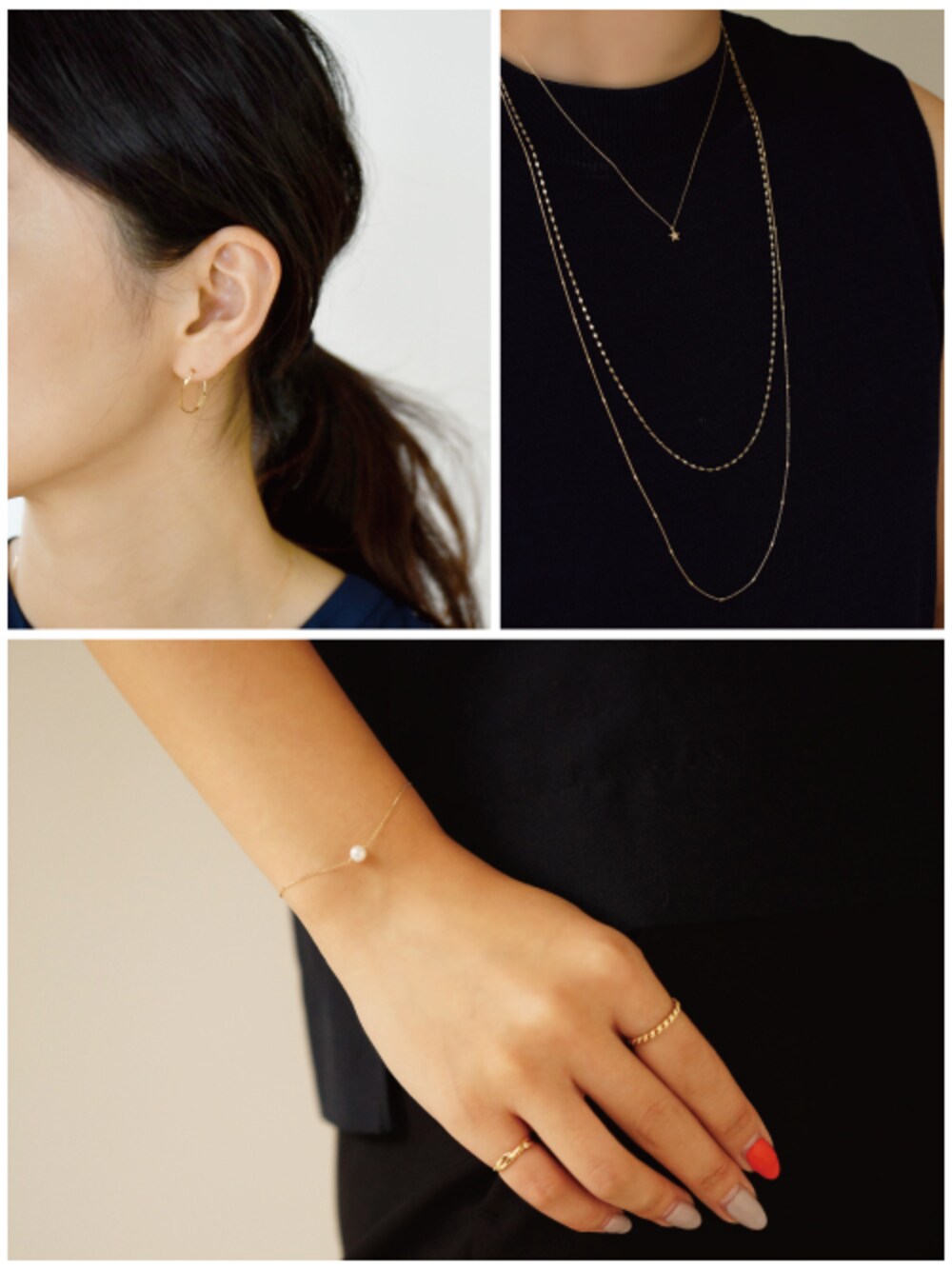 ゴールド系のピアス(両耳用)、ゴールド系のネックレス、ゴールド系のネックレスを着用したレディースの夏コーディネートの1枚目の写真