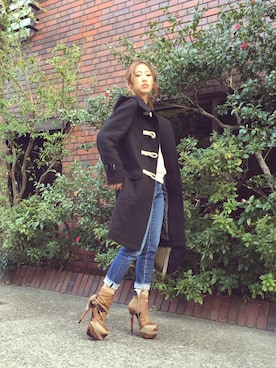 「MOUSSY（マウジー）のアイテム（ダッフルコート、ブラック系）」を使った、片山夏実さん（レディース・158cm）の秋コーディネート
