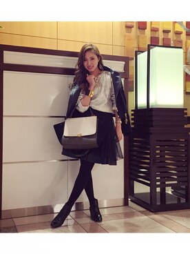 「Sophie Hulme（ソフィーヒュルム）のアイテム（ライダースジャケット、ブラック系）」を使った、片山夏実さん（レディース・158cm）の冬コーディネート