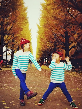 「UU（ユニクロ　アンダーカバー）のアイテム（帽子）」を使った、him-mamさん（キッズ・100cm）の秋コーディネート