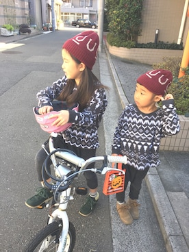 「UU（ユニクロ　アンダーカバー）のアイテム（帽子）」を使った、him-mamさん（キッズ・100cm）の秋コーディネート