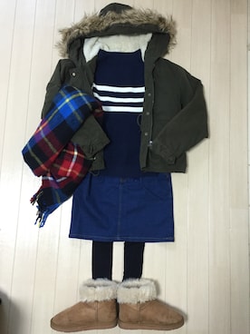 「GU（ジーユー）のアイテム（ニット/セーター、ブルー系）」を使った、hibikiさん（レディース・153cm）の冬コーディネート