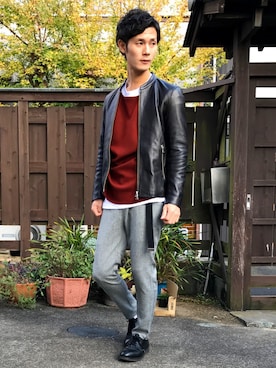 「お揃い」｜「アイテム（ライダースジャケット）」を使った、shuntaさん（メンズ・173cm）の冬コーディネート