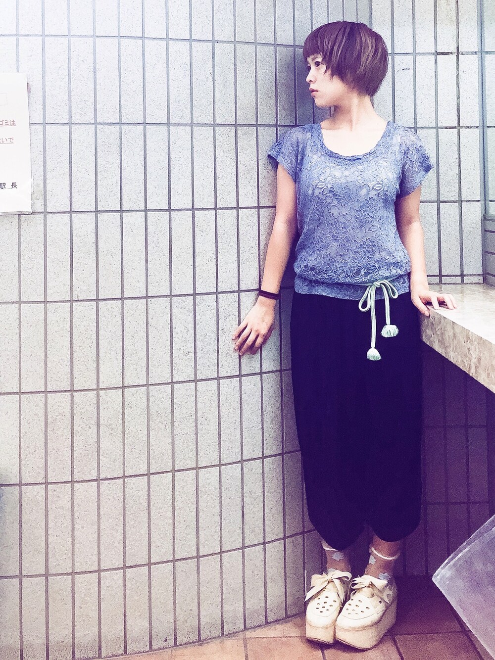 「シンプル、夏、サルエルパンツ、サルエル、水色、Tokyo bopper、透け感、帯紐、virginmary」｜「帯紐のアイテム（ベルト、グリーン系）」を使った、もいもいさん（レディース・158cm）の夏コーディネートの1枚目の写真