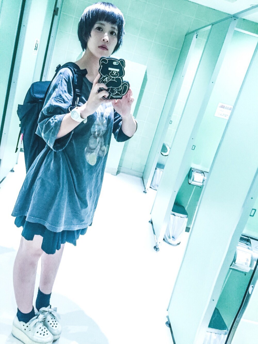 「夏、休日スタイル、ゆるコーデ、UNDER COVER、Candy Stripper、Tokyo bopper、シャツワンピ、ビックT、x-girl」｜「BABY-Gのアイテム（アナログ腕時計、ホワイト系）」を使った、もいもいさん（レディース・158cm）の夏コーディネートの1枚目の写真