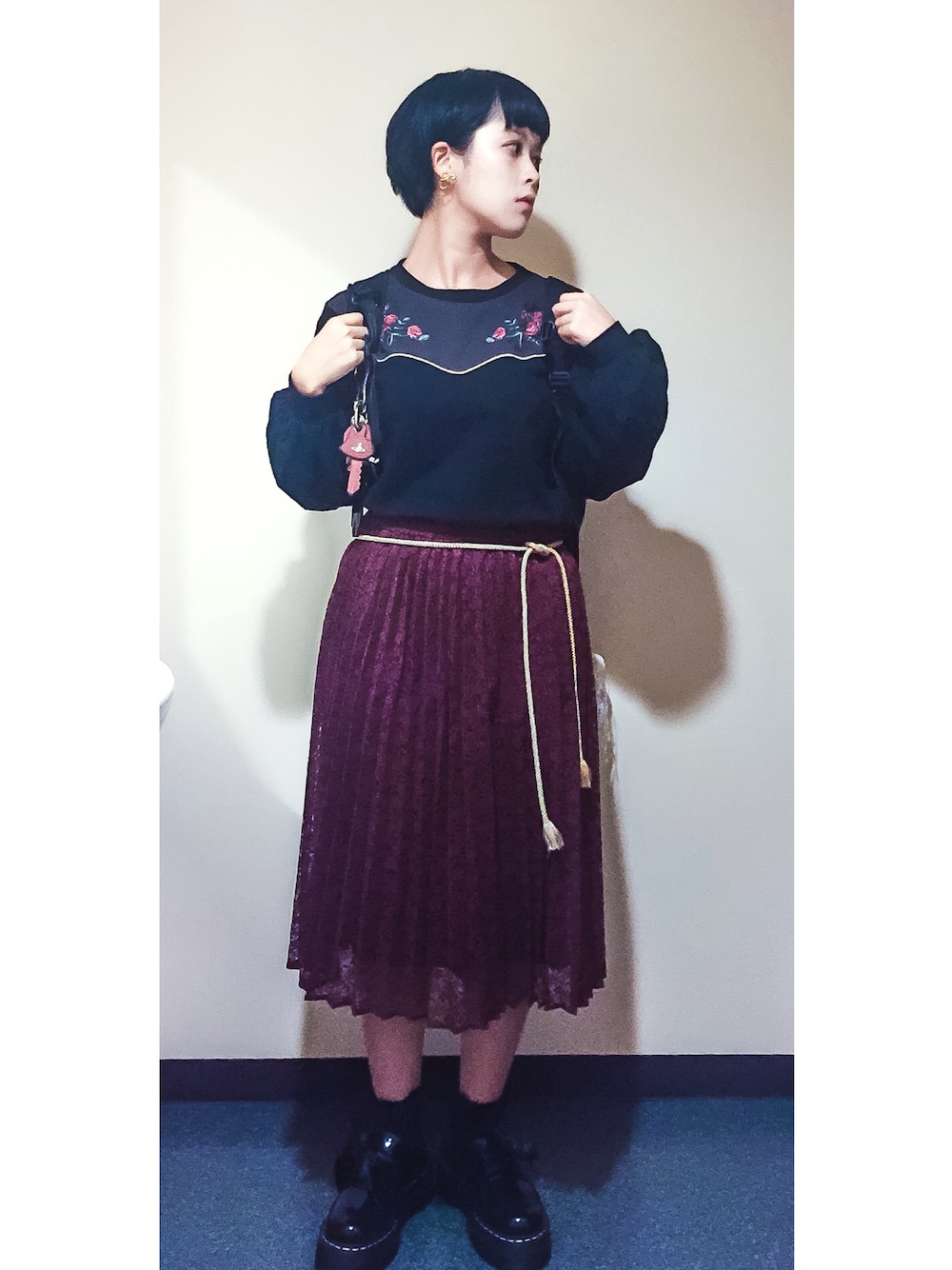 「リュック、Dr.Martens、 スカート、 黒、Vivienne Westwood、 ロングスカート、 ショートヘアー、 帯紐」｜「hairのアイテム（その他、ブラック系）」を使った、もいもいさん（レディース・158cm）の秋コーディネートの1枚目の写真