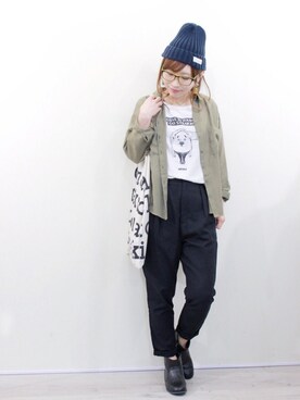 「カーキシャツ」｜「アイテム（ブーティ）」を使った、月子さん（レディース・152cm）の春コーディネート