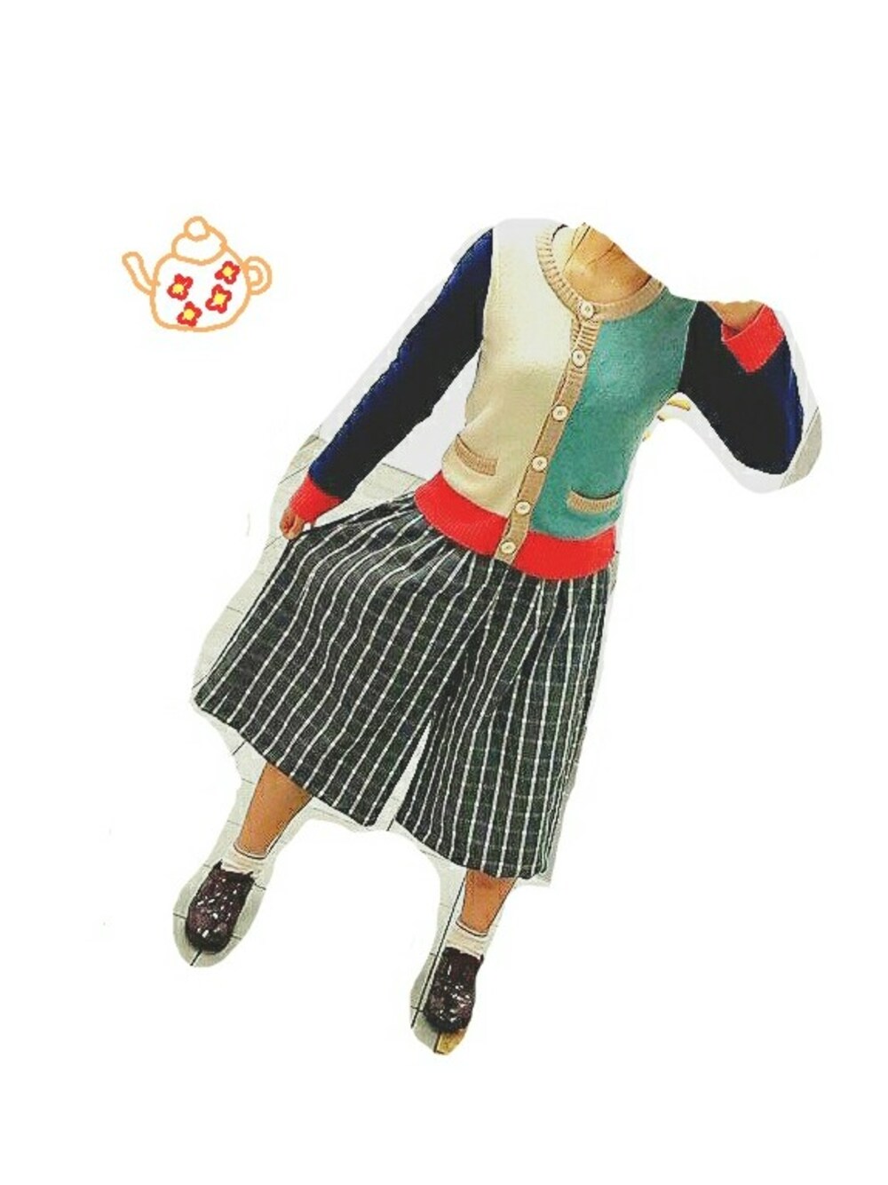 「バイカラー、配色、カラフル、カーディガン、ガウチョ、チェック、赤い靴、みどり、オレンジ、ネイビー」｜「CHILD WOMANのアイテム（ニット/セーター、ベージュ系）」を使った、ばたこさん（レディース・159cm）の冬コーディネートの1枚目の写真