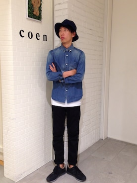 「coen（コーエン）のアイテム（帽子）」を使った、テンチョウ関根さん（メンズ・173cm）の秋コーディネート