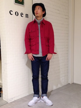 「coen（コーエン）のアイテム（帽子）」を使った、テンチョウ関根さん（メンズ・173cm）の秋コーディネート