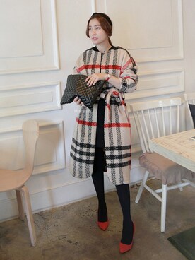 「レッドコーデ」｜「アイテム（ノーカラージャケット）」を使った、Miamasvinさん（レディース・161cm）の秋コーディネート
