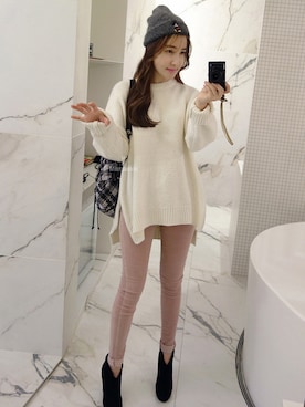 「オルチャンファッション」｜「アイテム（ニットキャップ/ビーニー）」を使った、Miamasvinさん（レディース・161cm）の冬コーディネート