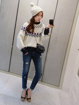 「カウチンセーター」｜「アイテム（ニットキャップ/ビーニー）」を使った、Miamasvinさん（レディース・161cm）の冬コーディネート