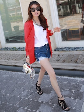 「アイテム（ノーカラージャケット、レッド系）」を使った、Miamasvinさん（レディース・161cm）の春コーディネート