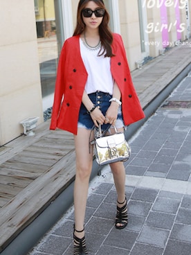 「アイテム（ノーカラージャケット、レッド系）」を使った、Miamasvinさん（レディース・161cm）の春コーディネート