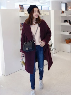 「アイテム（チェスターコート、レッド系）」を使った、Miamasvinさん（レディース・161cm）の冬コーディネート