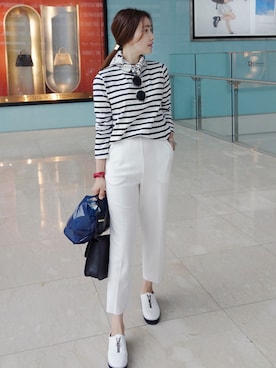 「ホワイトパンツ」｜「アイテム（スラックス）」を使った、Miamasvinさん（レディース・161cm）の冬コーディネート
