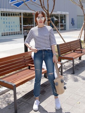 「 ボーダー柄」｜Miamasvinさん（レディース・161cm）の春コーディネート