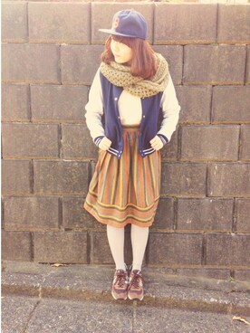 「ストライプスカート」｜「アイテム（ブルゾン）」を使った、yurieさん（レディース・165cm）の冬コーディネート