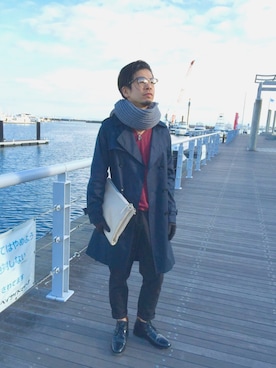 「アイテム（トレンチコート、ブルー系）」を使った、Yasuyoshiii!!!さん（メンズ・174cm）の冬コーディネート