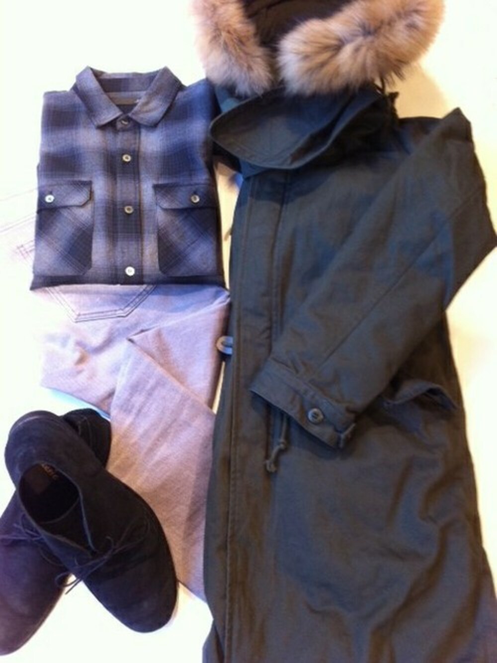 「ミリタリー、チェックシャツ、モッズ」｜「MagineのSULFUR SERGE W HOOD M-51 MODS COAT: 硫化染 Wフード モッズコート【men's FUDGE 1月号掲載商品】 【RUDO 12月号掲載商品】（モッズコート、グリーン系）」を使った、STAFF HASHIMOTOさん（メンズ・175cm）の冬コーディネートの1枚目の写真