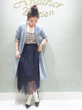 「ヒール×靴下」｜「アイテム（デニムジャケット）」を使った、MIYAMAEさん（レディース・156cm）の冬コーディネート