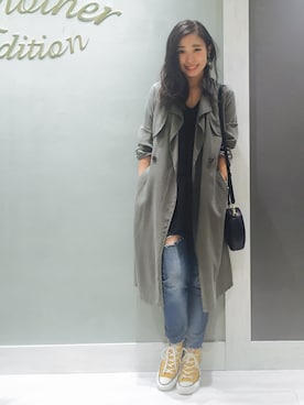 「マスタード」｜「アイテム（トレンチコート）」を使った、MIYAMAEさん（レディース・156cm）の秋コーディネート