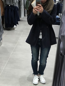 「Ungrid（アングリッド）のインディゴフレイドヘムストスリ（デニムパンツ）」を使った、noncoさん（レディース・157cm）の冬コーディネート