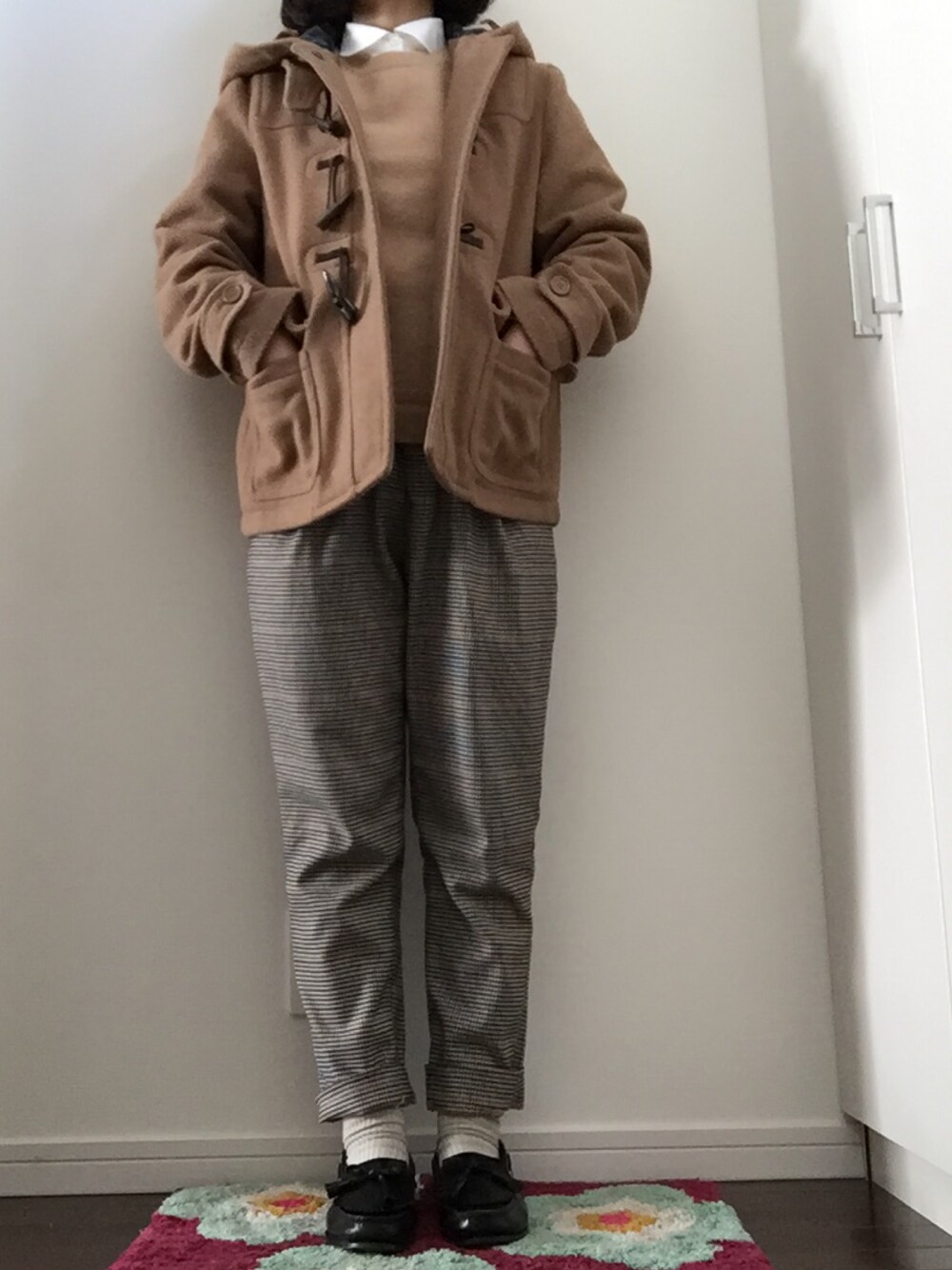 「RETRO GIRLのアイテム（ダッフルコート、ブラウン系）」を使った、ちびぼぶさん（レディース・152cm）の冬コーディネートの1枚目の写真