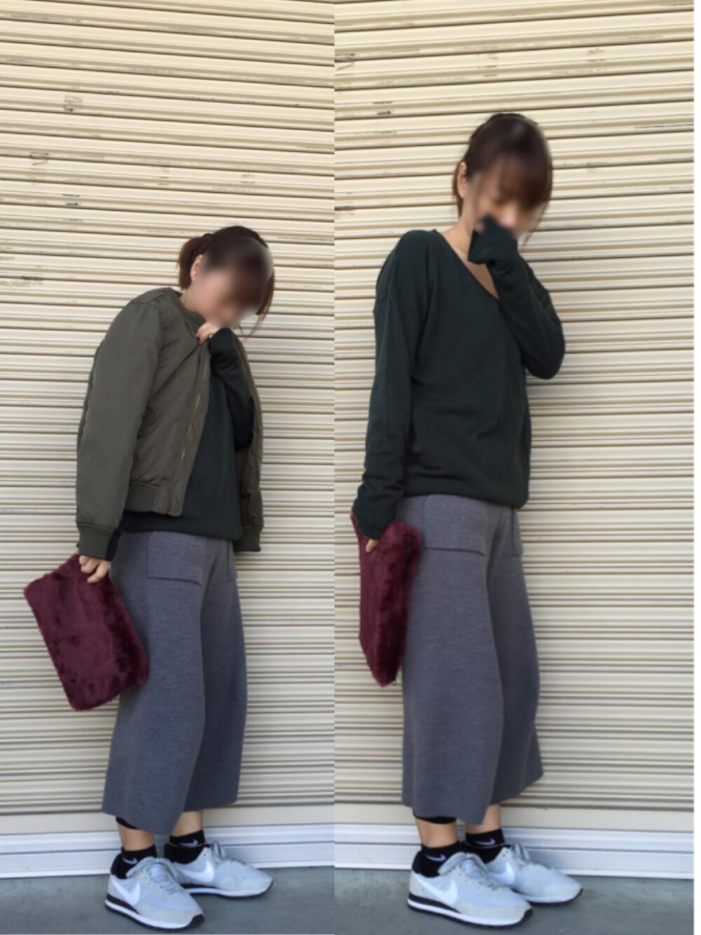 グレー系のスニーカー、グレー系のパンツ、グリーン系のニット/セーターを着用したレディースの冬コーディネートの1枚目の写真