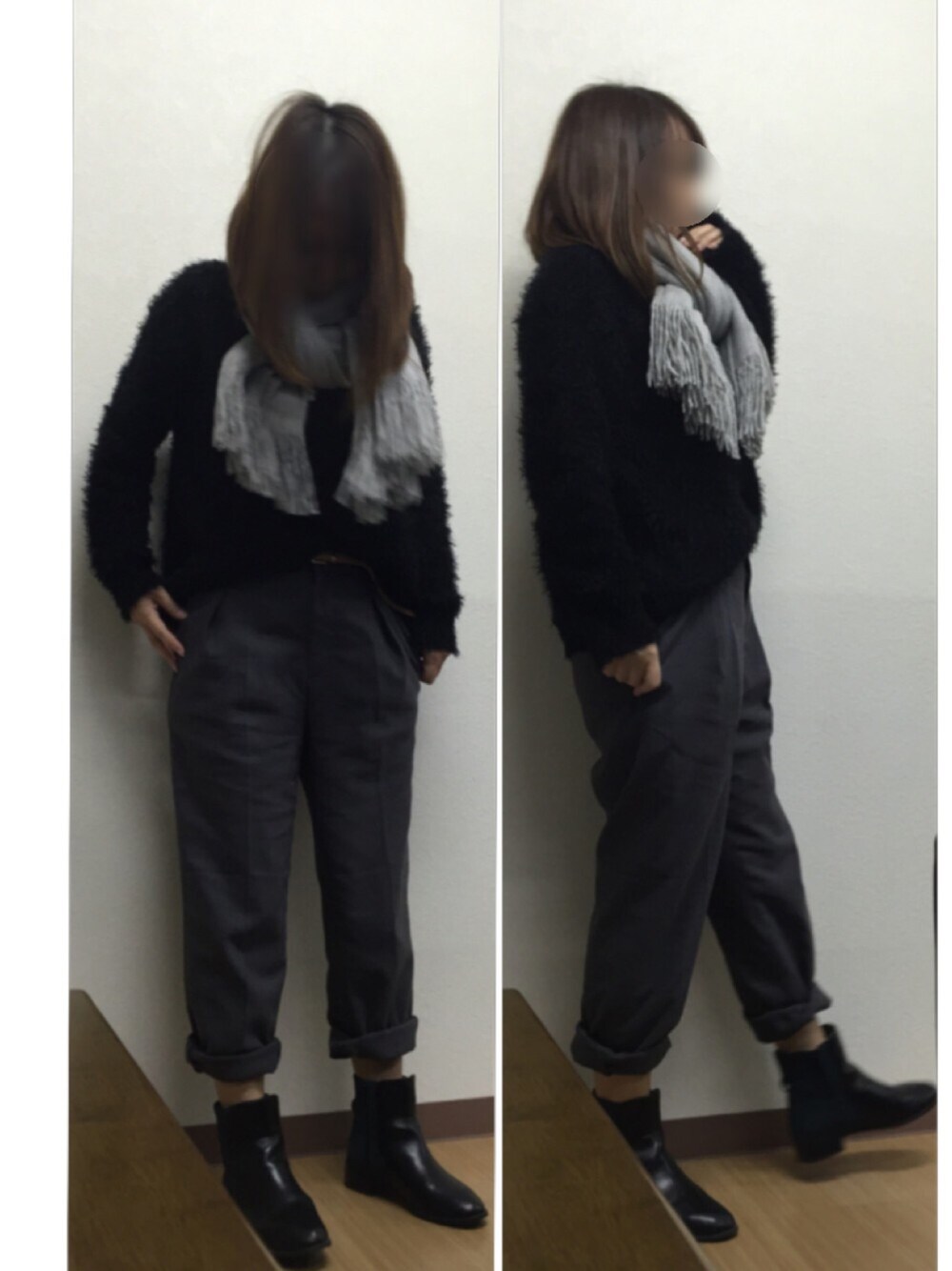 ブラック系のニット/セーター、グレー系のその他パンツ、ブラック系のブーツを着用したレディースの冬コーディネートの1枚目の写真