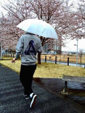 「PALACE（パレス）のアイテム（パーカー、グレー系）」を使った、m.@さん（メンズ・180cm）の春コーディネート