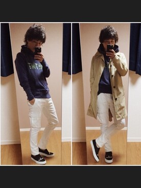 「ネイビー×ホワイト」｜「アイテム（トレンチコート）」を使った、chan☆takuさん（メンズ・173cm）の春コーディネート