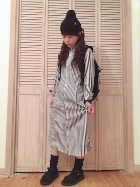 「BEAMS BOY（ビームスボーイ）のBEAMS BOY / ストライプ B.D. シャツワンピース（シャツワンピース）」を使った、キラ☆キラさん（レディース・156cm）の春コーディネート