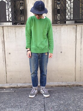 「BEAMS（ビームス）のSanca / ソフト吊裏 POCKET CREW（スウェット、グリーン系）」を使った、Miyamoto Takeshiさん（メンズ・171cm）の冬コーディネート
