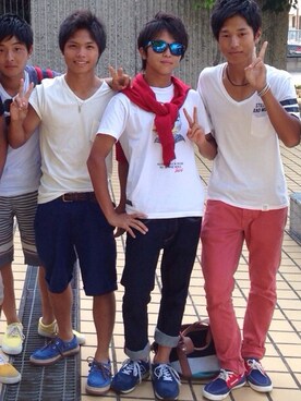 「NEW BALANCE（ニューバランス）のランニングシューズ（スニーカー、ブルー系）」を使った、きだ   りょーたさん（メンズ・163cm）の夏コーディネート