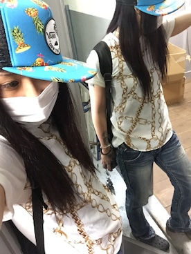 「柄物」｜「アイテム（帽子）」を使った、Megupi.さん（レディース・158cm）の夏コーディネート