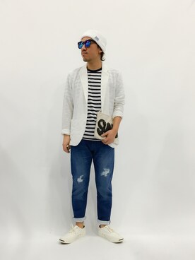「白コーデ」｜「アイテム（その他アウター）」を使った、B-chanさん（メンズ・168cm）の春コーディネート