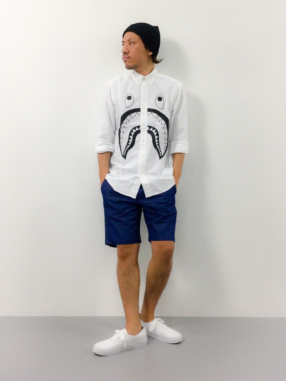 「VANS、authentic、ショーツ、A BATHING APE、RAGEBLUE、Lui's」｜「1sinの1sin(イッシン) WATCH CAP（ニットキャップ/ビーニー、ブラック系）」を使った、B-chanさん（メンズ・168cm）の夏コーディネートの1枚目の写真