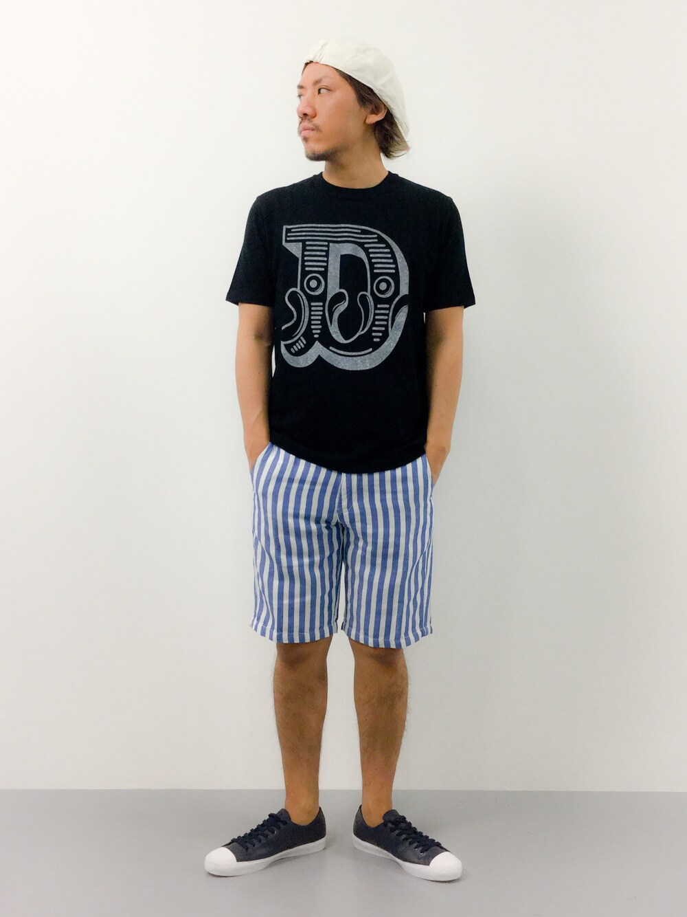 「LACOSTE、ストライプ、ショーツ、override 、ikka、DUFFER」｜「OVERRIDEの【override】PG WASHED LINEN 8P HUNTING/オーバーライド ウォッシュド リネン ハンチング（ハンチング/ベレー帽、ホワイト系）」を使った、B-chanさん（メンズ・168cm）の夏コーディネートの1枚目の写真