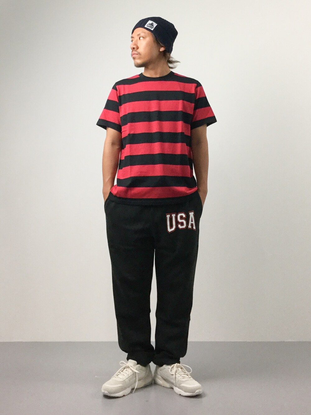 「ボーダー、summer、ラフ、PUMA、stampd'LA、サマースタイル」｜「XLARGEのOG COTTON CUFF BEANIE（ニットキャップ/ビーニー、ブルー系）」を使った、B-chanさん（メンズ・168cm）の夏コーディネートの1枚目の写真