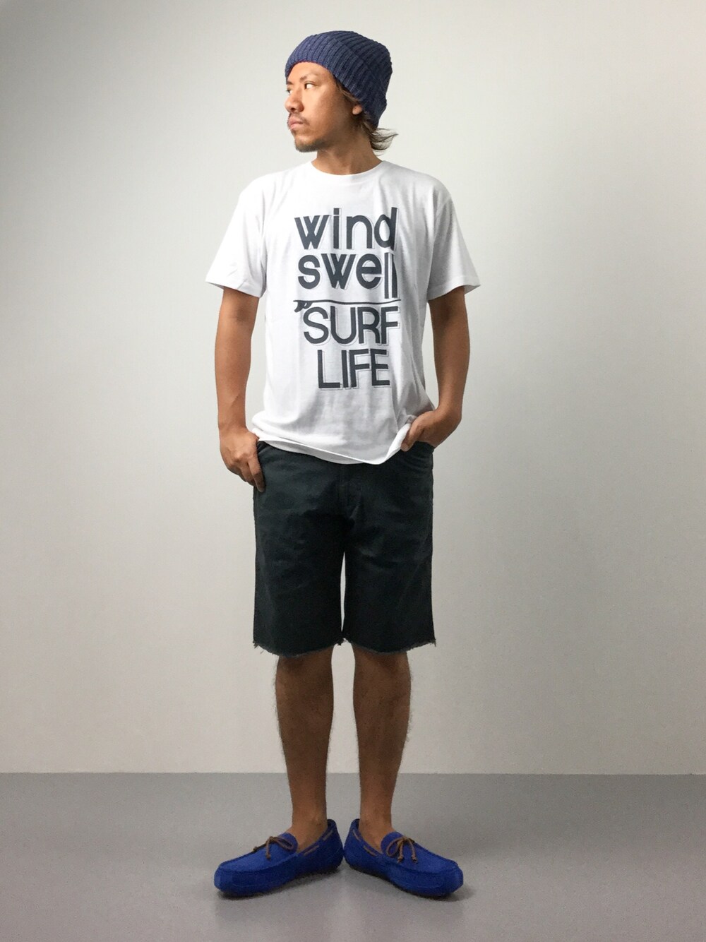 「シンプル、夏、ニット帽、Tシャツ、summer、ラフ、ショーツスタイル」｜「SHIPS GENERAL SUPPLYのSGS アメリカ製: ランバージャック/ニットキャップ（ニットキャップ/ビーニー、ブルー系）」を使った、B-chanさん（メンズ・168cm）の夏コーディネートの1枚目の写真