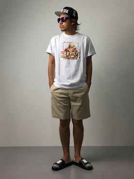 「UNDEFEATED （アンディフィーテッド）のアイテム（サンダル）」を使った、B-chanさん（メンズ・168cm）の夏コーディネート