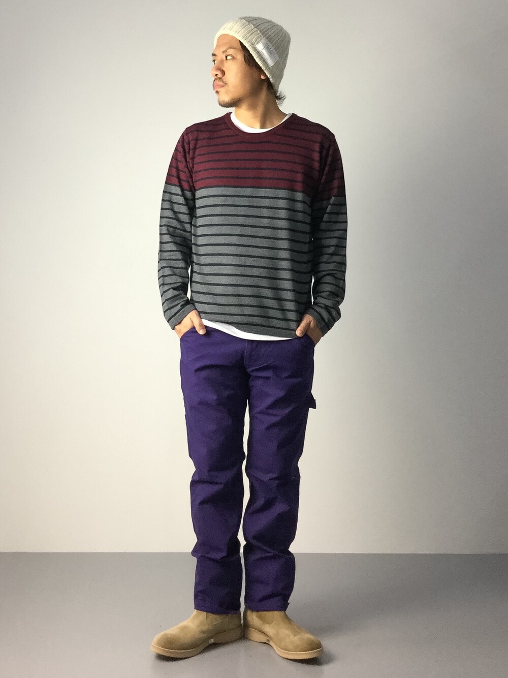 「ニット、ブーツ、ニット帽、レイヤードスタイル、ペインターパンツ」｜「URBAN RESEARCH DOORS MENSのFORK＆SPOON ニットキャップ（ニットキャップ/ビーニー、ベージュ系）」を使った、B-chanさん（メンズ・168cm）の秋コーディネートの1枚目の写真