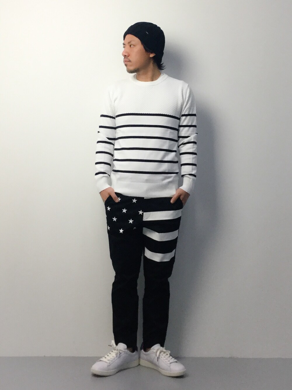 「ANAP MENのパネルボーダークルーニットTOP（ニット/セーター、ホワイト系）」を使った、B-chanさん（メンズ・168cm）の冬コーディネートの1枚目の写真