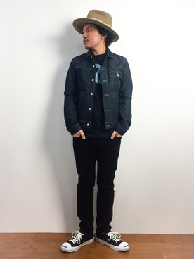 「LOUNGE LIZARD（ラウンジリザード）のアイテム（ライダースジャケット）」を使った、B-chanさん（メンズ・168cm）の冬コーディネート