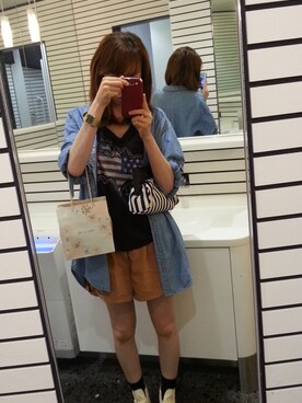 「MERCURYDUO（マーキュリーデュオ）のショートパンツ（その他パンツ、ブラウン系）」を使った、.yuy.さん（レディース・162cm）の夏コーディネート
