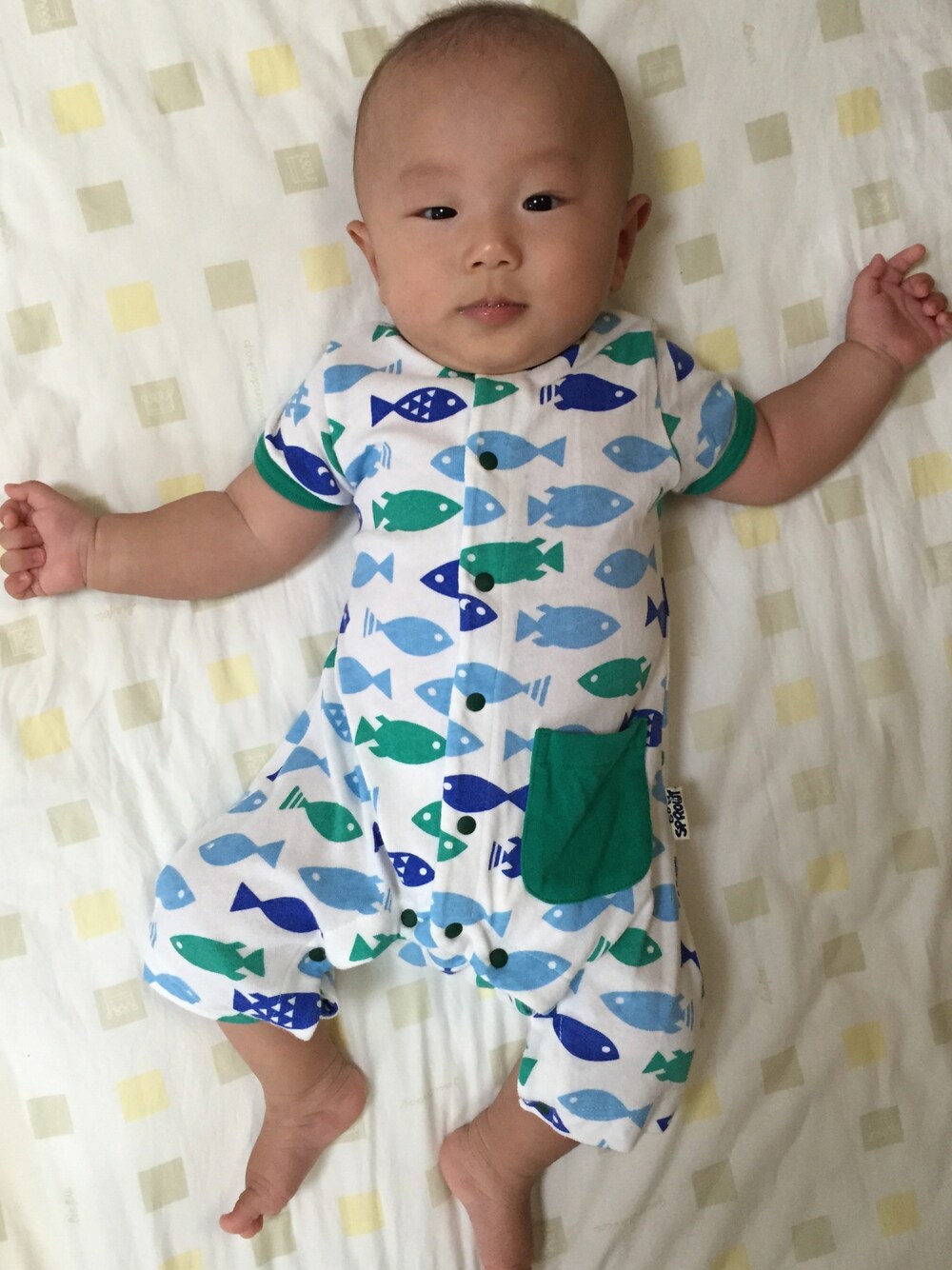 「男の子、baby、BREEZE、ロンパース」｜「GO SPROUTの2色2柄カエルロンパス（ロンパース、グリーン系）」を使った、minaaaatoさん（キッズ・100cm）の夏コーディネートの1枚目の写真
