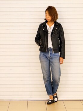 「BEAMS」｜「アイテム（ライダースジャケット）」を使った、mitsukoさん（レディース・160cm）の秋コーディネート