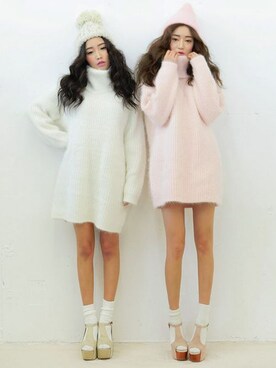 「STYLENANDA（スタイルナンダ）のタートルネックアンゴラニットワンピース（ワンピース、ピンク系）」を使った、STYLENANDAさん（レディース・164cm）の冬コーディネート